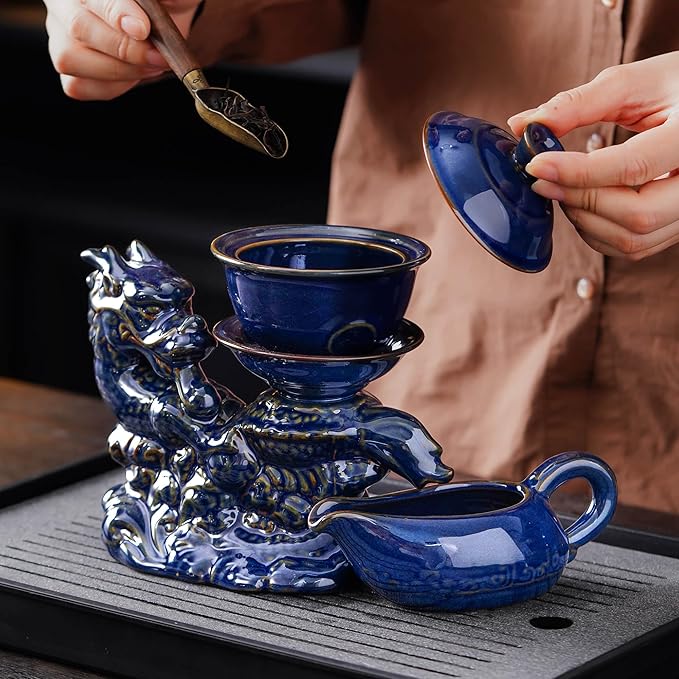 Semi Automatic Tea Set Ceramic Teapot with Infuser Magic Teapot with 8 cups (Dark Blue Dragon-B) - Bloomnest