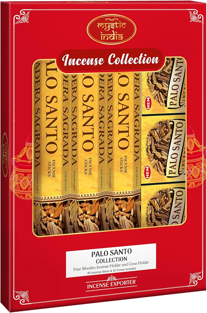 Mystic India - Hem Incense Palo Santo 4 Tube Hexa & 3 Box Cones with Free Incense Holder & Cone Holders Mystic+India