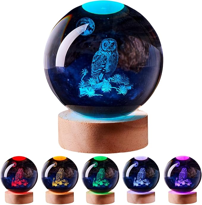 3D Large Owl Crystal Ball Night Light with Wooden Base, Owls Crystal Lamp Gift for Kids Wife Friends, 16 Color Changing with Remote Control, Laser Engraved 3.15 inch Glass Ball Lamp (Owl) - Bloomnest