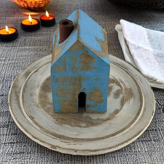 S.B ARTS Incense Holder for Sticks, Insence Stick Holder Ash Catcher for Table Decorations and Gifting - Wooden Incense Tray for Sticks - Home Decor Gifts (Blue Hut) - Bloomnest