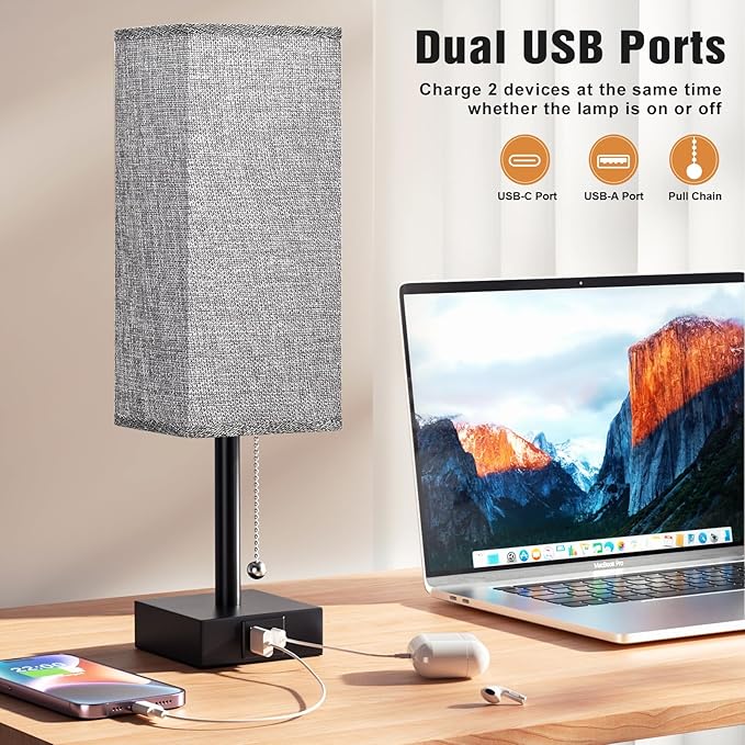 Bedside Table Lamps Set of 2 - Gray Bedroom Lamps with 3 Color Temperatures (3000K/5000K/4000K), Square Nightstand Light with USB C + A Charging Ports, Pull Chain Small Night Light - Bloomnest