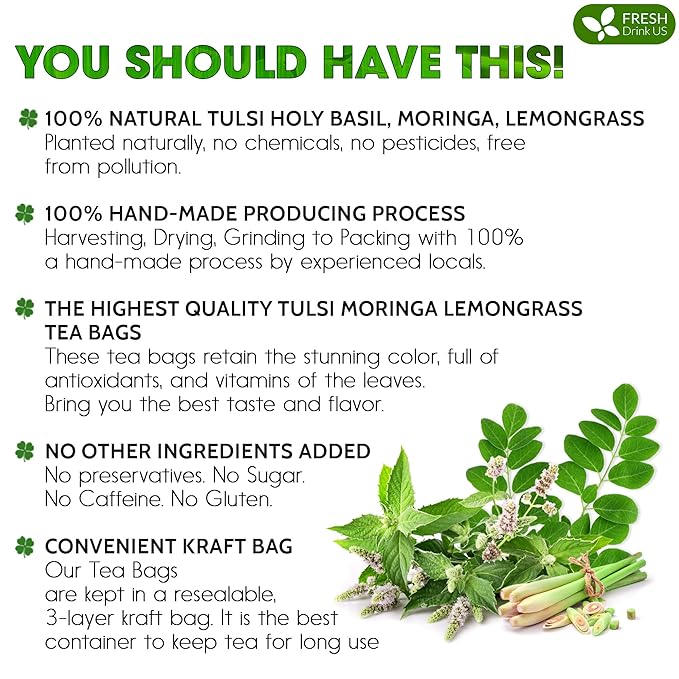 FreshDrinkUS, Premium 30 Tea Bags Tulsi Moringa Lemongrass, 100% Natural & Pure from Tulsi Holy Basil Leaves, Moringa & Lemongrass. Made with Natural Material Tea Bags. No Sugar, No Caffeine, Vegan. - Bloomnest