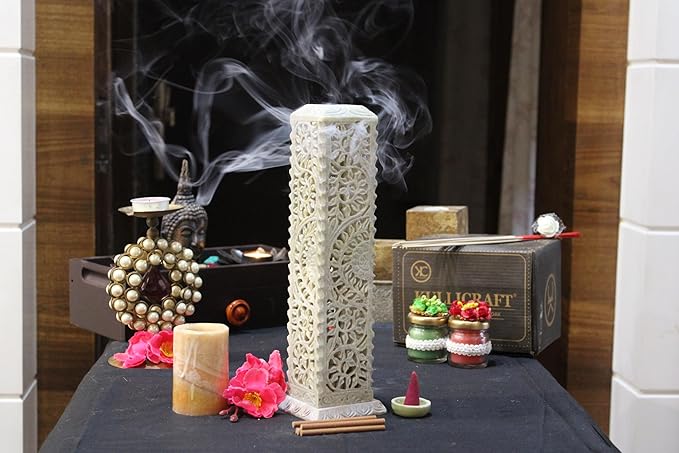 Carry Me Handmade Marble Soapstone Incense Stick Burner | Candle Stick Holder | Tea Light Burner - Perfect Floral Carving for Gifting. Decorative Home and Kitchen Decor (3 x 3 x 11 Inches) - Bloomnest