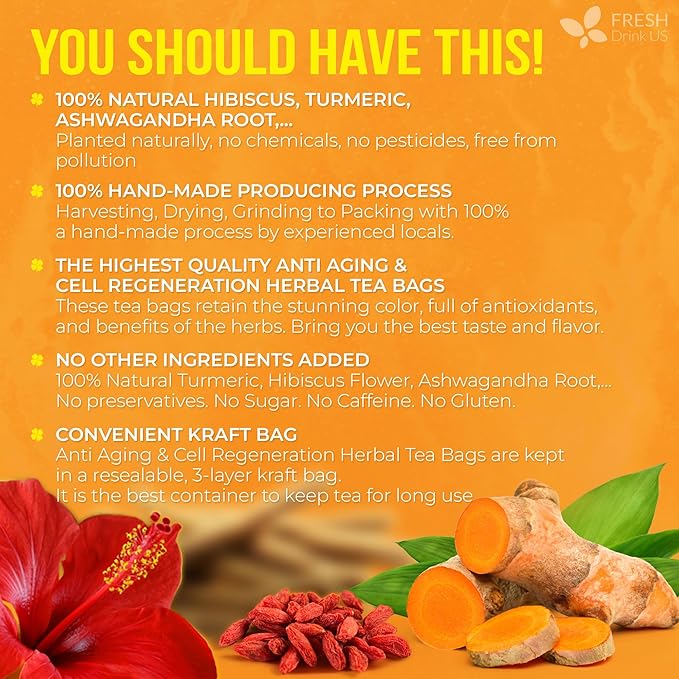 FreshDrinkUS, Premium Harmony Herbal Tea | 60 Tea bags | 100% Natural Turmeric, Hibiscus, Ashwagandha, Goji Berry, Reishi, Cinnamon & Orange Peel – Naturally Aromatic Caffeine-Free Tea - Bloomnest