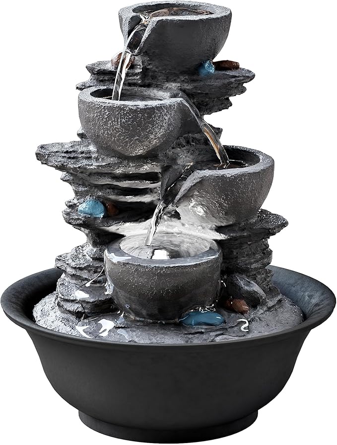 10.6inch Tabletop Fountain, Indoor Waterfall Fountains with LED Light, Realistic Rock Design for Soothing Ambiance in Bedrooms, Living Rooms, Offices, or Meditation Spaces - Bloomnest