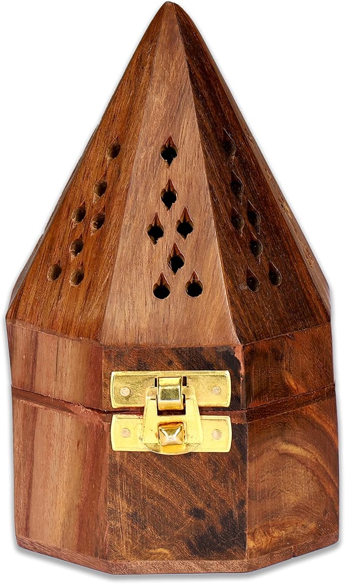 Bless-International Traditional-Handmade-Burner Wooden-Incense-Stick-Holder Ash-Catcher-Stand for-Aromatherapy-Meditation-Yoga (5 Inch Octa Temple Wooden Charcoal/Cone) - Bloomnest