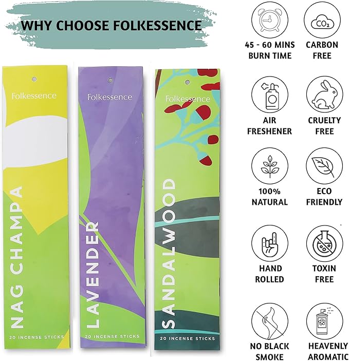 Folkulture Incense Sticks (120 Sticks) | Set of 6 Premium Incense For Meditation, Aromatherapy | No Charcoal,Organic, Non Toxic, 45 Mins, Long Burning Lavender, Frankincense, Nag Champa Insence-Sticks FOLKULTURE