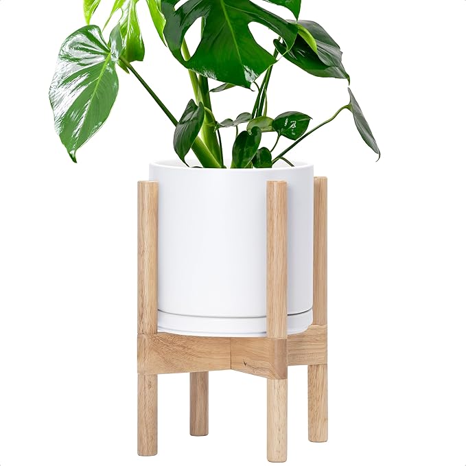 D'vine Dev Ceramic Planter with Natural Stand - 8 Inch Modern Round Flower Pot with Wood Planter Holder, White, 55-B-N-1 - Bloomnest