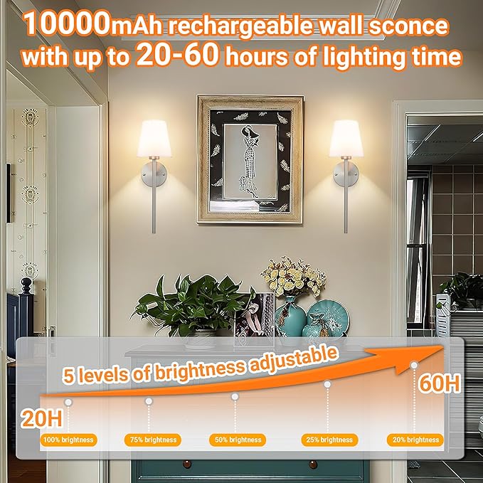 Battery Operated Wall Sconces Set Of 2, Wireless Battery Wall Light With 10000mAh RGB Rechargeable Magnetic Bulb, Rechargeable Wall Sconce With Remote Control For Bedroom, No Electrician Required - Bloomnest