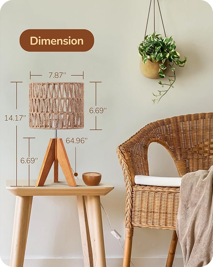 EDISHINE Small Table Lamp, Rattan Wood Tripod Bedside Lamp, Boho Nightstand Lamp for Living Room, End Table, Office, E26 Base, Natural Style - Bloomnest