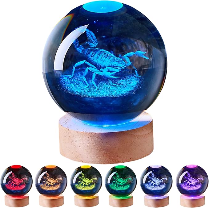 3D Large Scorpion Crystal Ball Night Light with Wooden Base, Crystal Lamp Gift for Kids Friends, 16 Color Change with Remote Control, Laser Engraved Glass Ball Lamp Halloween Decor (Scorpion) - Bloomnest
