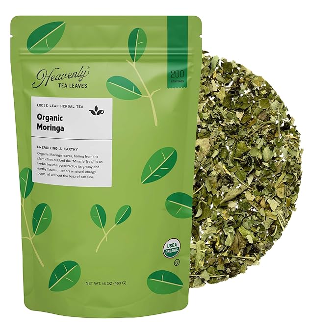 Heavenly Tea Leaves Organic Moringa, Bulk Loose Leaf Herbal Tea, 1 Lb. (Approx. 200 Servings) - Green Superfood, Nutrient Dense, Plant Protein, Rich in Antioxidants and Immune Vitamin - Bloomnest