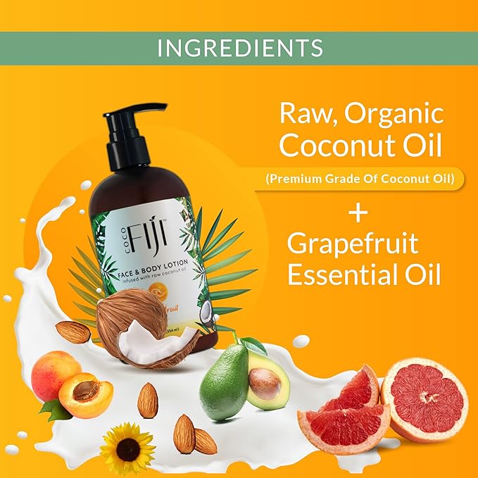 Coco Fiji Face & Body Lotion Infused With Coconut Oil | Lotion for Dry Skin | Moisturizer Face Cream & Massage Lotion for Women & Men |Grapefruit 12 ozPack of 3 - Bloomnest