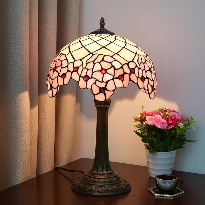 Tiffany Lamp Bedside Table Lamp-Nightstand,Stained Glass Lamp for Bedroom Dorm Living Kitchen, Aesthetic Cute Home Decor Gift, Cherry Blossom - Bloomnest