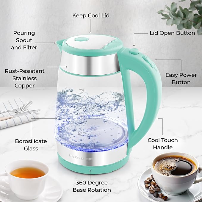 Zulay Kitchen Fast Boiling Electric Water Kettle - 1.7L, 1500W, Auto Shut-Off for Overboil & Boil Dry Protection, Cool-Touch Handle, 360° Base - Rapid Teapot Boiler For Coffee & Tea - Mint - Bloomnest