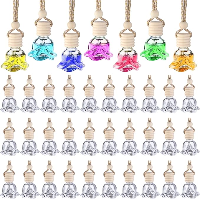 60 Pcs Hanging Car Air Freshener Car Diffuser Bottles Empty Glass Perfume Bottles Air Freshener Diffuser Bottle Pendant for Essential Oils Fragrance Aromatherapy Ornament Decor (Rose Style) - Bloomnest