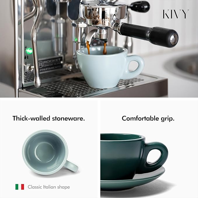 KIVY Cappuccino cups set of 4 [8oz] - Thick-walled stoneware cappuccino cup set for latte art - Cappuccino coffee cups - Tazas de cafe - Latte cups - Latte art cup and saucer set of 4 - Green, Blue - Bloomnest