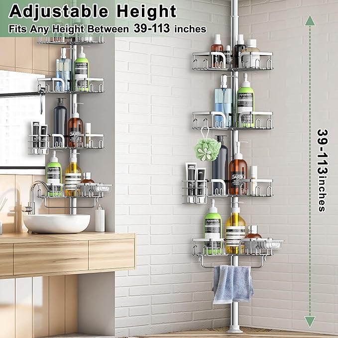 Corner Shower Caddy Tension Pole 4 Tier Adjustable Stainless Steel Shower Shelf for Inside Shower Bathtub Shampoo,Standing Bathroom Organizer Shelves with 39 to 113 inch Height - Bloomnest