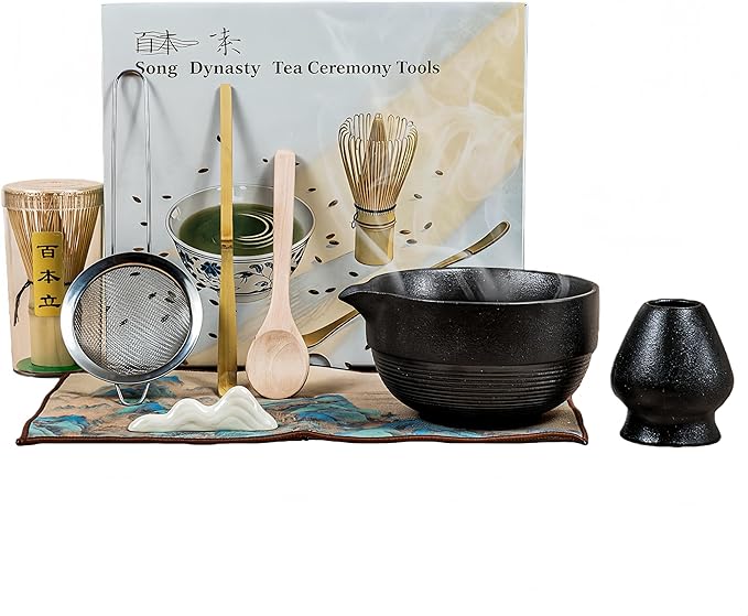 Matcha Set 7-Piece Tea Set with Brush, Bowl, Whisk, Strainer, Chasen, for Matcha Tea Ceremony (Black) - Bloomnest