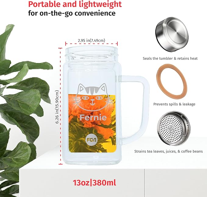 Custom 13oz/380ml Glass Infuser Tea Tumbler w/Handle, Durable Double-Walled Borosilicate Glass for Loose Leaf Tea & Coffee,304 Stainless Steel Lid & Strainer,Heat Resistant & Leak-Proof - Bloomnest