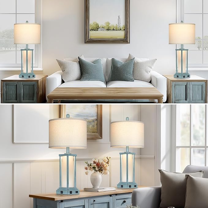 27" Tall Vintage Table Lamp Set of 2 with USB C+A & Outlet,Nightstand Lamp for Living Room,Coastal Bedside Lamps with Frosted Glass Night Light for Bedroom Entryway,Blue - Bloomnest