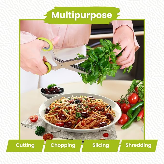 5-Blade Stainless Steel Herb Scissors Set with Vegetable Peeler, Shredder & Cleaning Comb – Multi-Use Herb Stripper for Chopping, Slicing, Shredding Kale and Fresh Herbs - Bloomnest