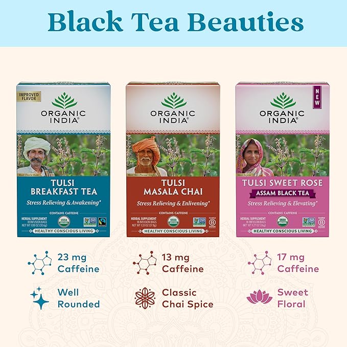 ORGANIC INDIA Tulsi Breakfast Herbal Tea - Black Tea, Holy Basil, Relieve Stress & Energize, USDA Organic, Non-GMO, Caffeinated - 18 Bags, 3 Pack - Bloomnest