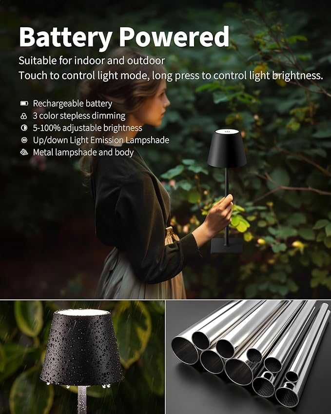 KDG 2 Pack Cordless Table Lamp, Portable LED Desk Lamps, 5000mAh Battery Operated, 3 Color Stepless Dimming Up, for Restaurant, Bedroom, Outdoor Camping, Coffee Shop, Night Light, Rechargeable (Black) - Bloomnest