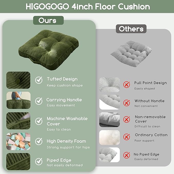 HIGOGOGO Washable Floor Pillow Cushion for Adults, Meditation Cushion Pillow, Large Square Floor Sitting, Removable Tufted Corduroy Cover, for Tatami Living Room or Yoga, 22x22 Inch, Machine Washable - Bloomnest