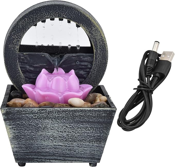 Tabletop Fountain, 3V 16.5x11.5x11.5cm Plastic Flower Tabletop Water Fountain, Home Decor with Stones LED Lights for Home Office Indoor Spaces Decor
