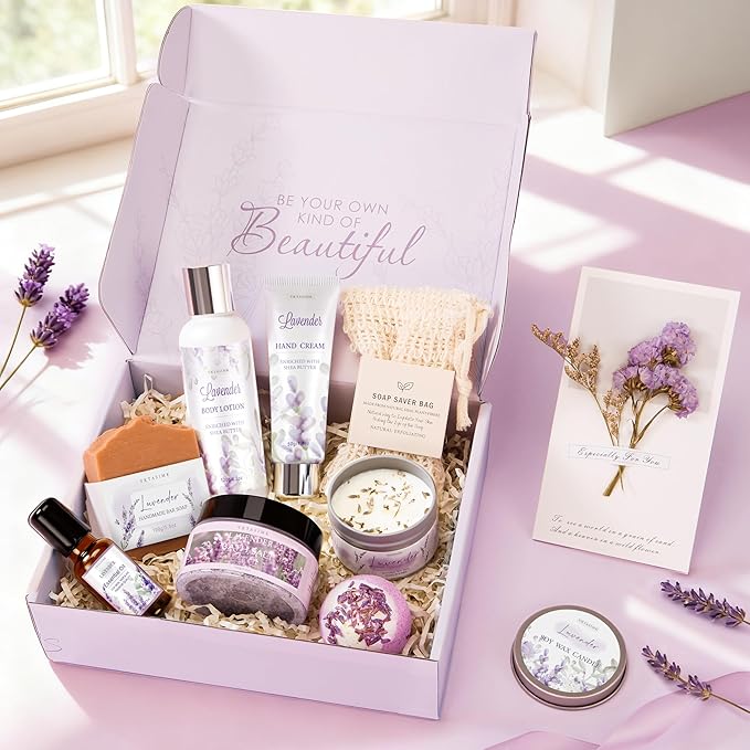 Gifts for Women, Lavender Bath and Body Gift Basket Relaxing Spa Self Care Gift, Mothers Day Gifts Happy Birthday Gift Baskets, Thank You for Mom Her Sister Wife Girlfriend Teacher Friends Friendship - Bloomnest