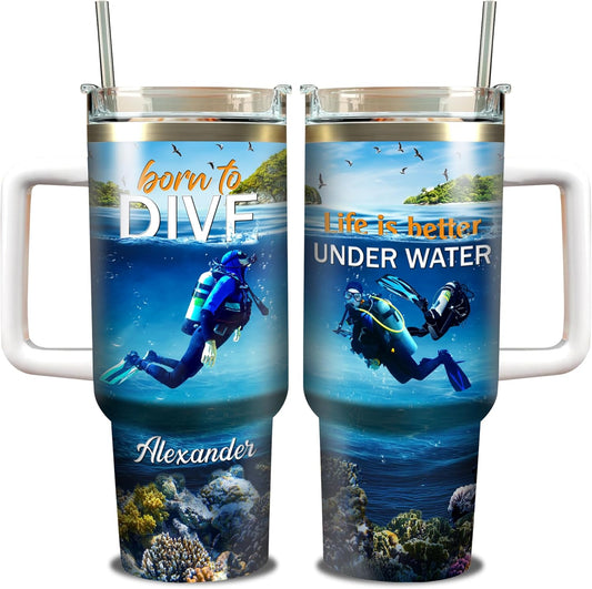 WAZONE Personalized Scuba Diving Coffee Tumbler 40oz with Handle and Straw Customized Name Insulated Travel Cup Tumblers Gifts for Diver Divers Men Women Husband On Birthday Christmas