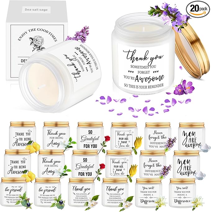 MTLEE 20 Pcs Thank You Gifts Candles 3.5 oz Employee Appreciation Inspirational Scented Soy Wax Candle Thank You Gift Christmas Gifts for Coworker Women Volunteer Teacher(Grateful,White) - Bloomnest