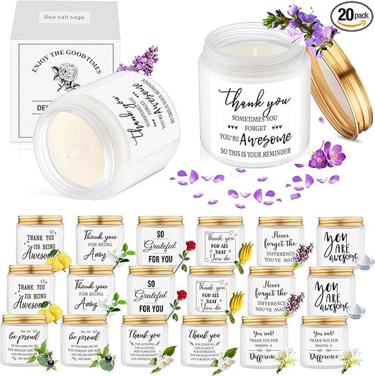 MTLEE 20 Pcs Thank You Gifts Candles 3.5 oz Employee Appreciation Inspirational Scented Soy Wax Candle Thank You Gift Christmas Gifts for Coworker Women Volunteer Teacher(Grateful,White) - Bloomnest