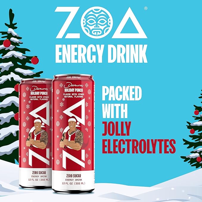 ZOA Zero Sugar Energy Drinks, Dwanta's Holiday Punch - Sugar Free with Electrolytes, Healthy Vitamin C, Amino Acids, Essential B-Vitamins, and Caffeine from Green Tea - 12 Fl Oz (12-Pack) - Bloomnest