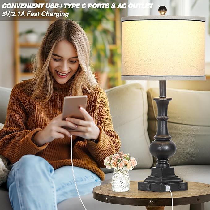 Farmhouse Lamps Set of 2, Antique Vintage Rustic Touch Control Table Lamps with USB A+C Ports & AC Outlet, Retro Classic Bedside Nightstand Lamp for Living Room Bedroom Office Black - Bloomnest