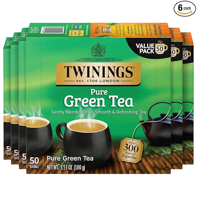 Twinings Pure Green Tea Individually Wrapped Bags, 50 Count (Pack of 6), Smooth Flavour, Enticing Aroma, Caffeinated, Enjoy Hot or Iced, 300 Teabags - Bloomnest
