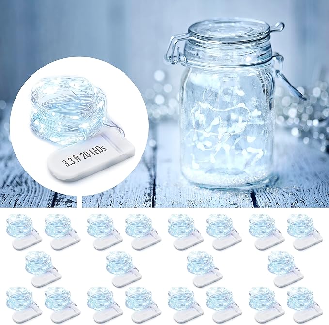 MUMUXI 20 Pack 3.3ft Fairy Lights Battery Operated String Lights, Mini White LED Powered, Waterproof, Silver Wire Firefly Mason Jar for Home, Party, Wedding Decorations, Cool White - Bloomnest