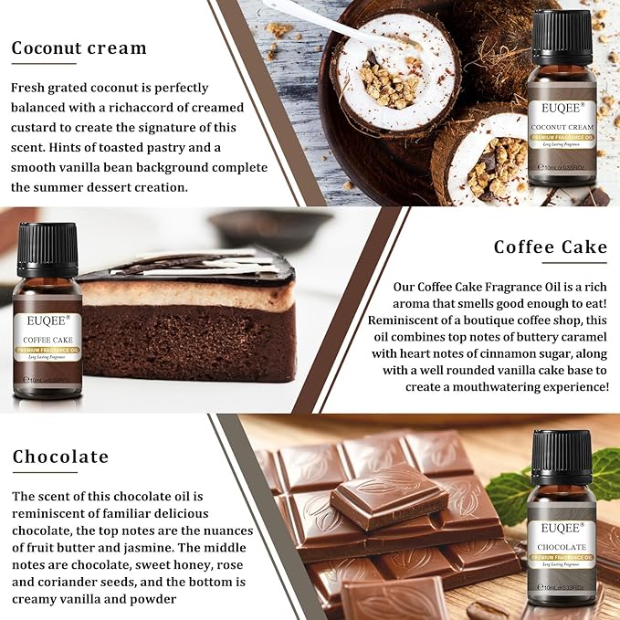 EUQEE 6PCS Coffee Fragrance Oil Set(10ml), Premium Fragrance Essential Oils Set for Candle Making, Diffuser-Coffee, Chocolate, Cake, Coconut Cream, Coconut & Vanilla EUQEE