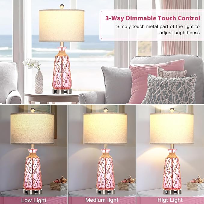 25.5" Coastal Glass Table Lamps Set of 2, 3-Way Dimmable Touch Control Bedside Lamps with 2 USB Ports and AC Outlet, Pink Nautical Nightstand Lamps for Bedroom Living Room (LED Bulbs Included) - Bloomnest