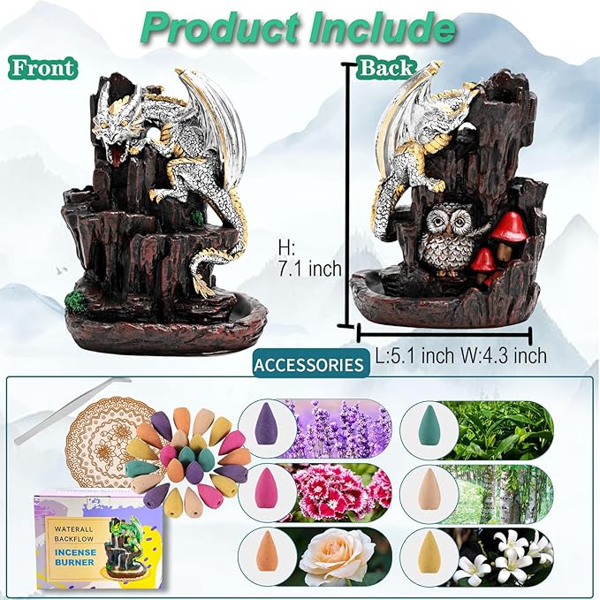 Dragon Backflow 2 Sided Mountain Waterfall Incense Burner,Fountain Smoke Incense Holder with Backflow Incense Cones, Tweezers, Mat，Resin Aromatherapy Meditationvaiuk (Silver) - Bloomnest