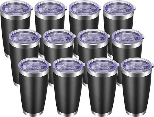 VEGOND 20oz Tumbler with Lid and Straw Stainless Steel Tumbler Cup Bulk Vacuum Insulated Double Wall Travel Coffee Mug Powder Coated Coffee Cup, Black 12 Pack