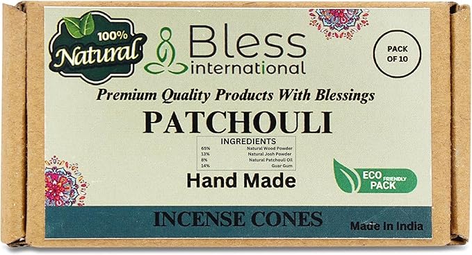 Bless International Patchouli 100%-Natural-Incense-Cones Handmade-Hand-Dipped Organic-Chemicals-Free for-Purification-Relaxation-Positivity-Yoga-Meditation The-Best-scents (10 Count) BlessInternational