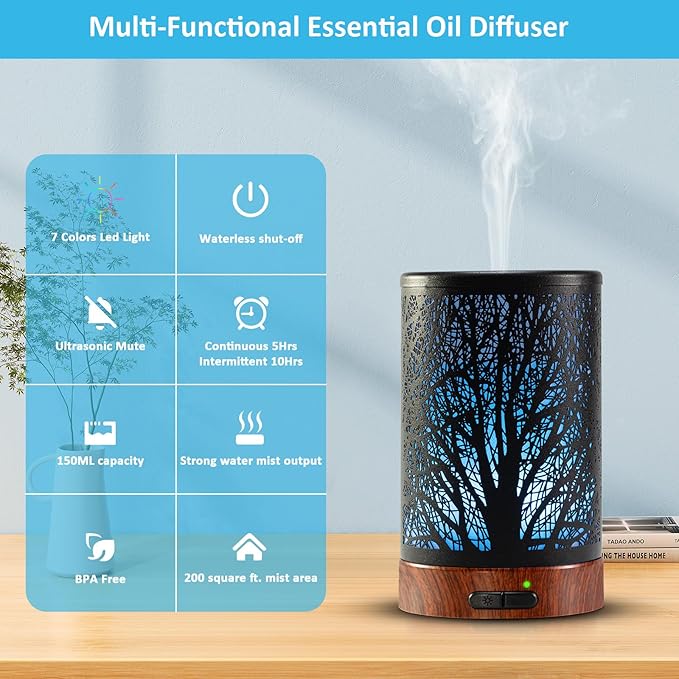 Oil Diffuser & Essential Oils Set - Oil Diffuser 150ml with 6 Essential Oils Set, Aromatherapy Cool Mist Oil Diffusers for Essential Oils, Auto Shut-Off，7 Colors Night Light,Gifts for Mom - Bloomnest