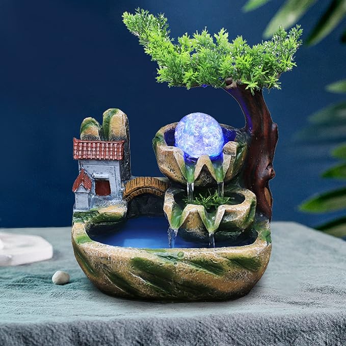 Small Bonsai Humidifier Mini Tabletop Waterfall Fountain with LED Color Night Light and Atomizer, Desktop Water Fountains Indoor Home Decor or Festival Birthday Gift for Girls Boys, 10 Inch - Bloomnest