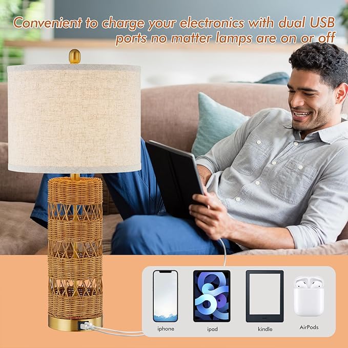 Boho Rattan Stylish & Functional & Versatile Decor USB Table Lamps Set of 2-28" Farmhouse Bedside Lights,Bulbs Included - Bloomnest