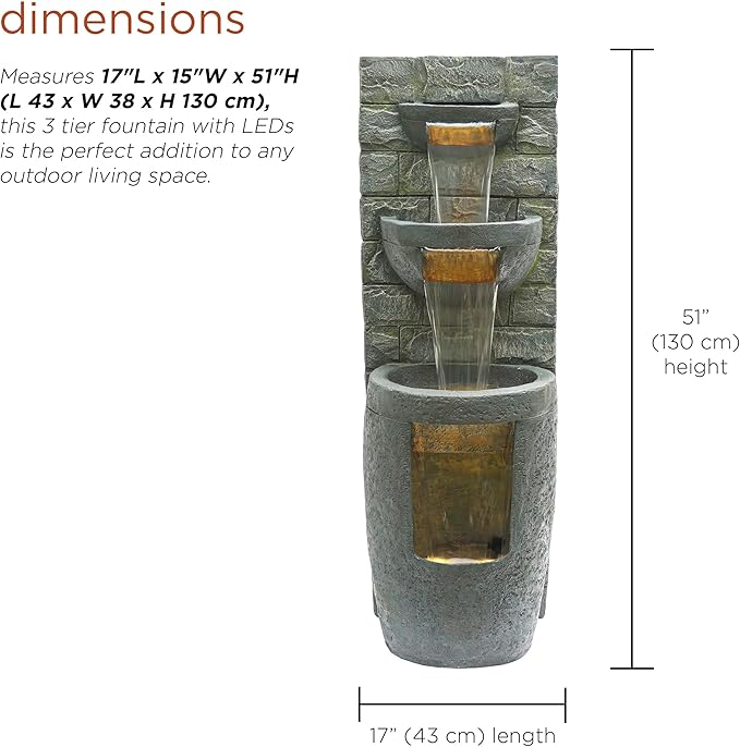 Alpine Corporation TZL384 Outdoor 3 Tier Water Fountain with LED Lights for Garden, Patio, Lawn and Yard Spaces, 51" H, Gray - Bloomnest