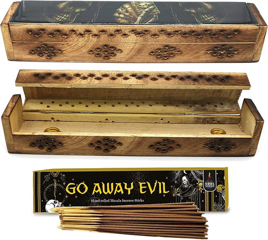 SOUL STICKS Handmade Carved Incense Burner Wooden Coffin Box with Storage Includes Go Away Evil Incense Sticks (Skull of Luck) - Bloomnest