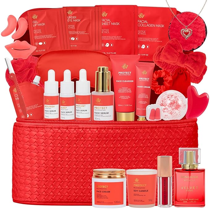 33 pcs Valentines Day Gifts for Women, Red Rose Spa Bath & Body Gift Set, Face Sheet Mask Skin Care, Hydrogel Mask, Lip Gloss, Cosmetic Bag, Serum, Necklace, Cleanser, Gua Sha, Mother Day, Birthday - Bloomnest