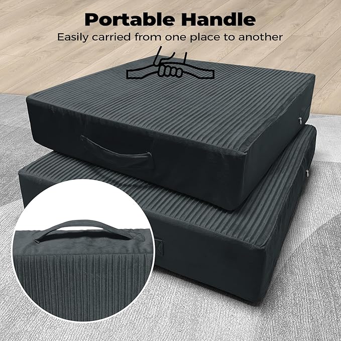 Large Floor Pillows for Adults, Thick Meditation Floor Cushions for Sitting Yoga, 22x22x5 Foam Seat Cushions Set of 2 for Furniture, Floor Pillow with Pleated Velvet Removable Cover, Grey